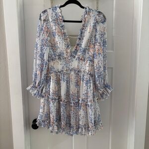 Women's Small Angel Biba White Floral Ruffle Mini Dress open back long sleeve